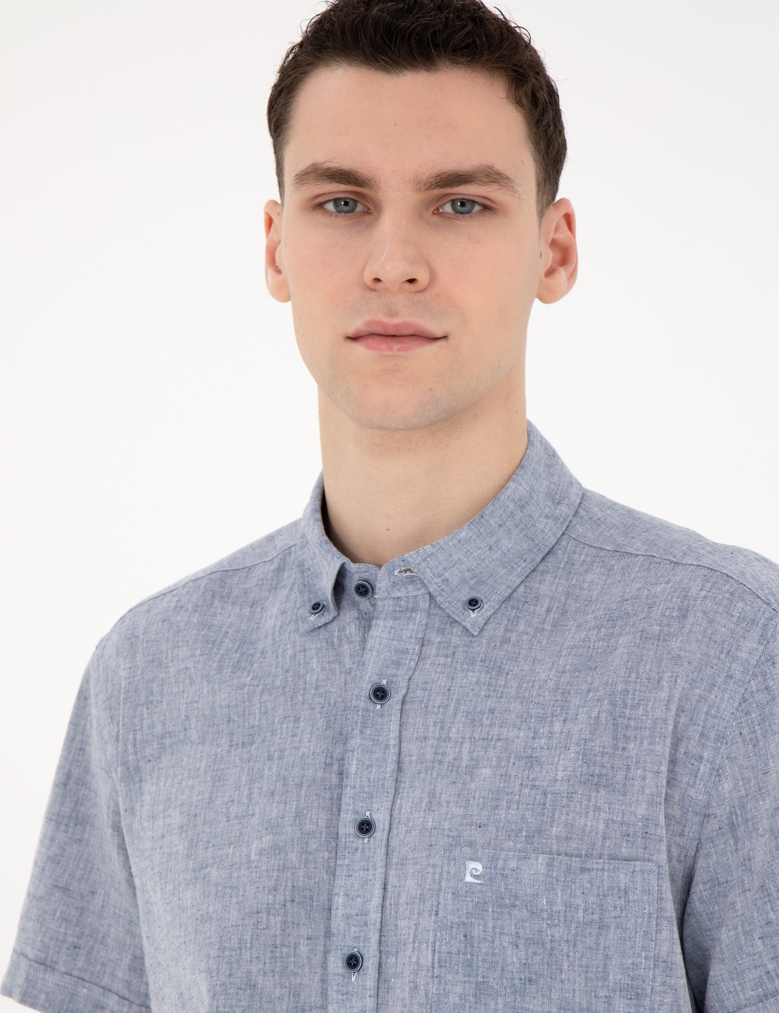 Lacivert Keten Karışımlı Regular Fit Kısa Kollu Gömlek