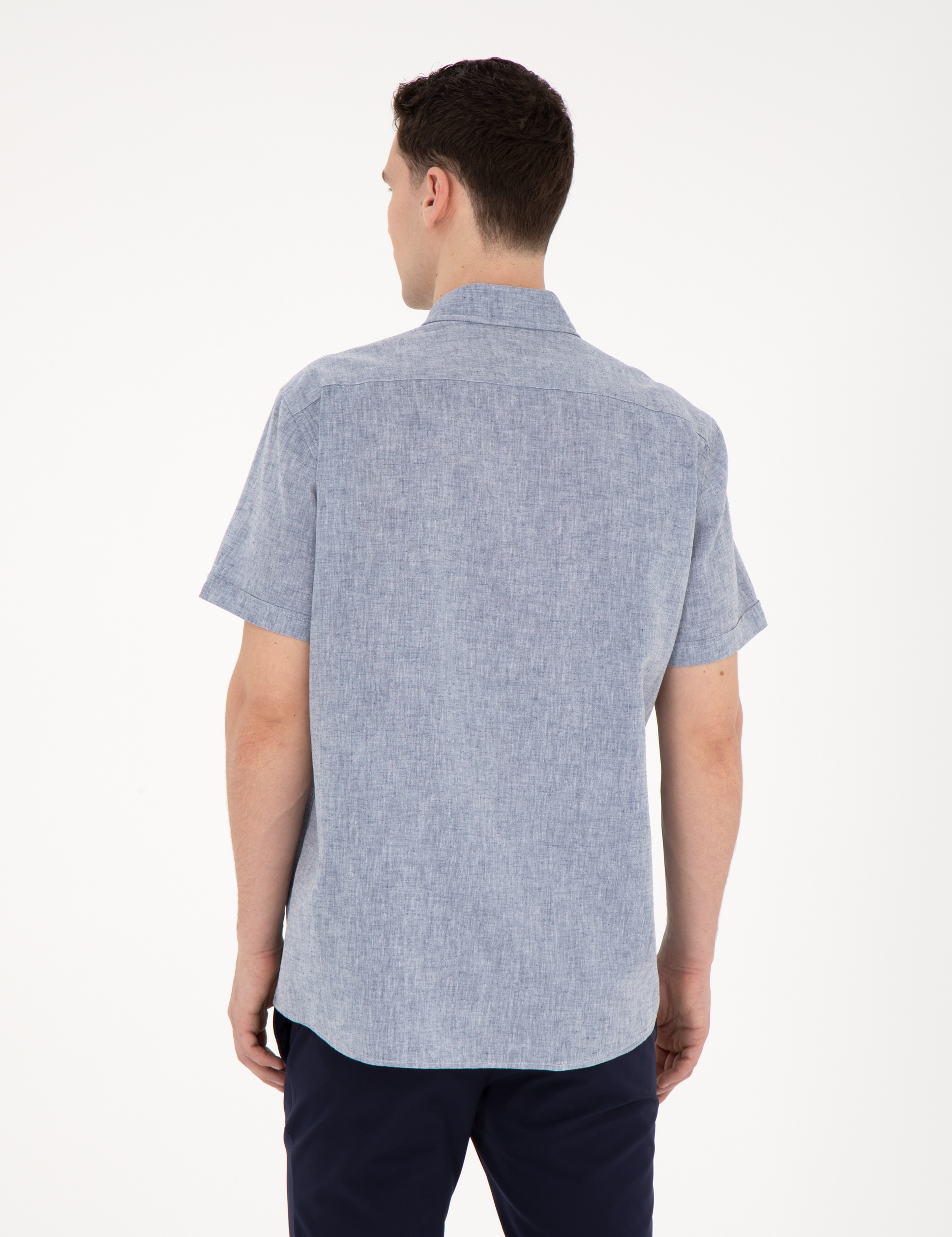 Lacivert Keten Karışımlı Regular Fit Kısa Kollu Gömlek - Image 5