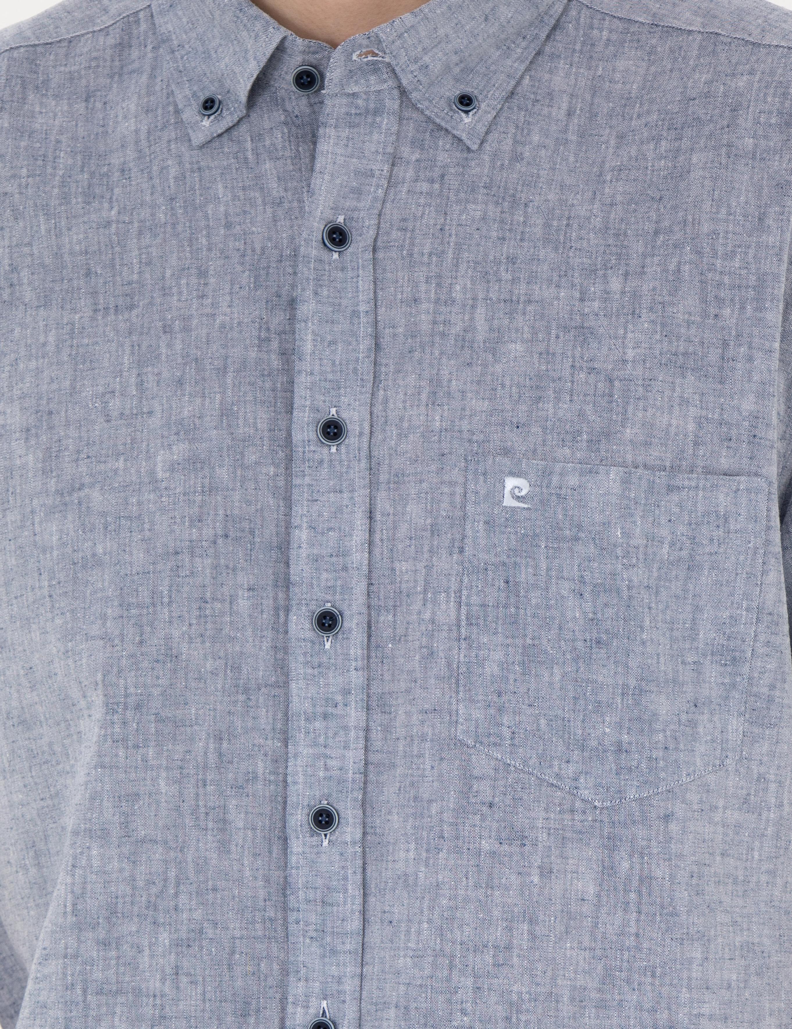 Lacivert Keten Karışımlı Regular Fit Kısa Kollu Gömlek