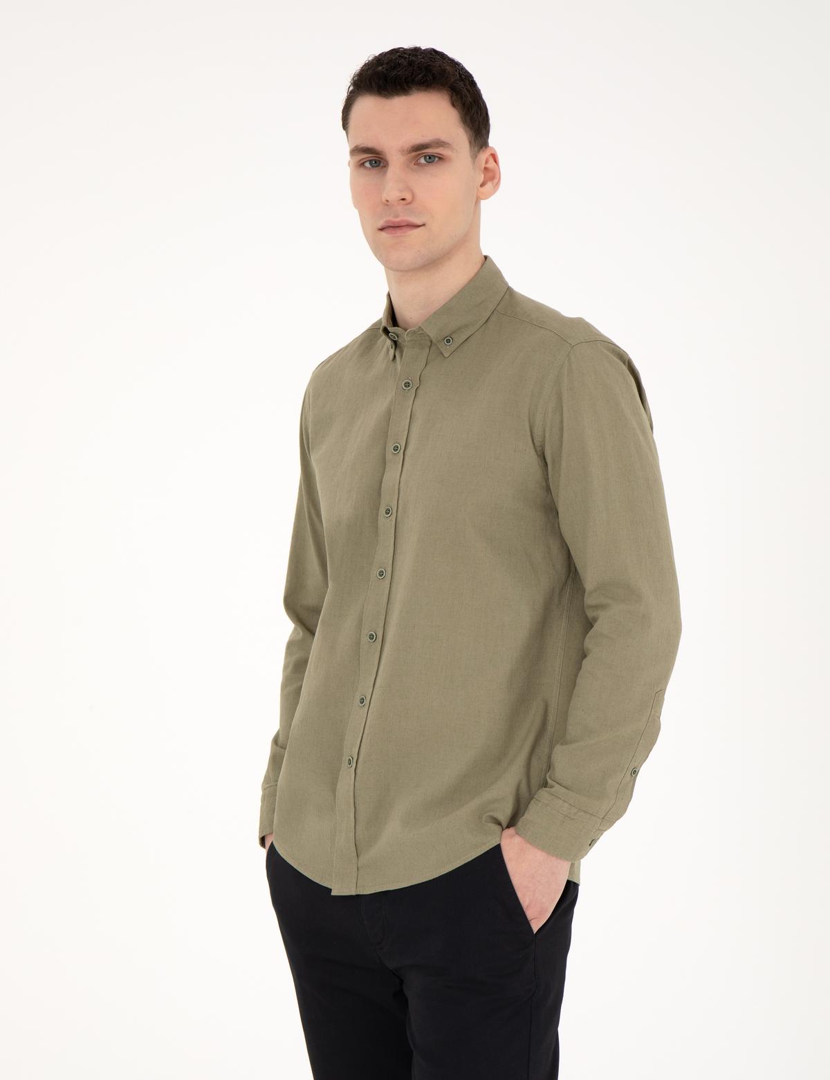 Haki Keten Karışımlı Regular Fit Uzun Kollu Gömlek