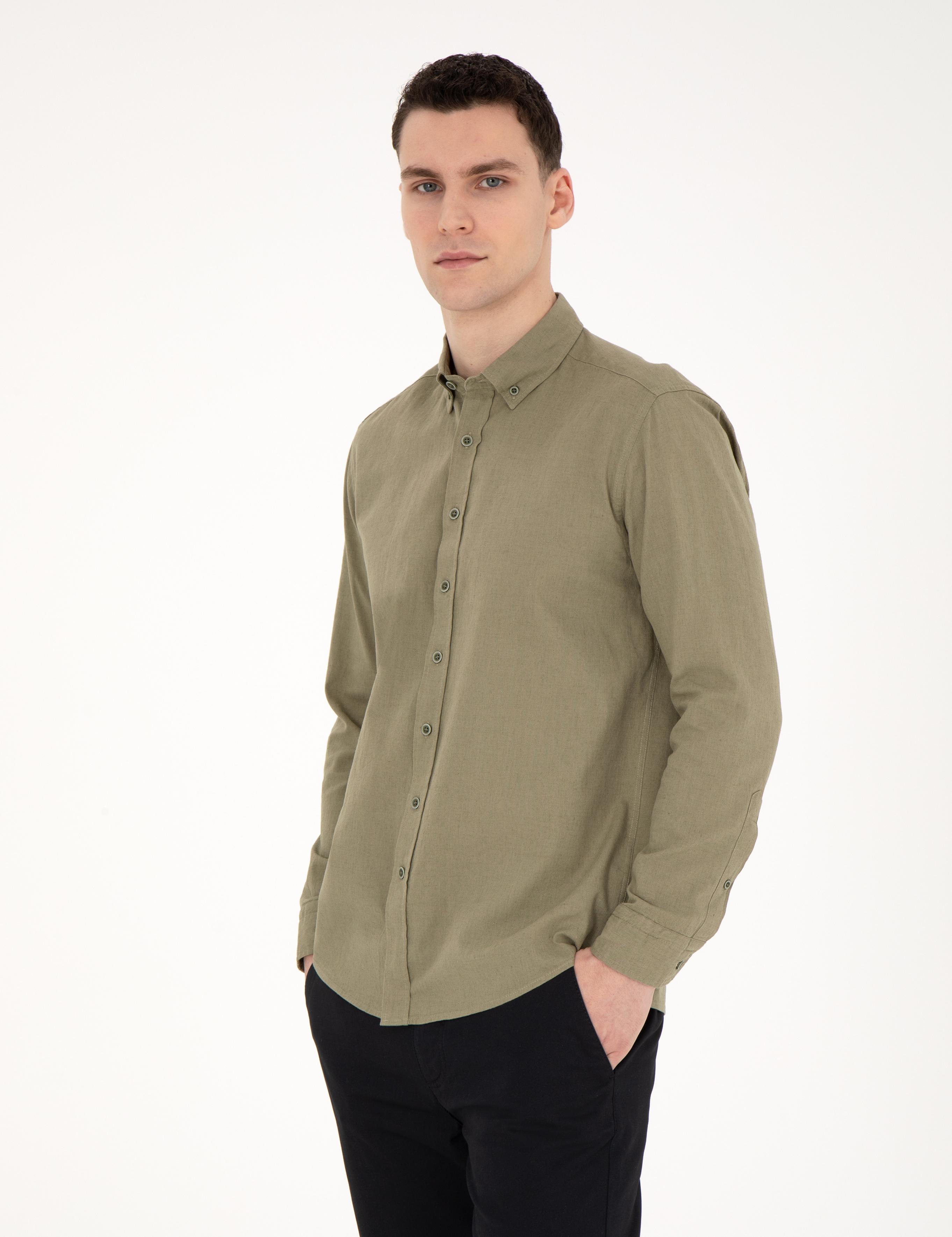 Haki Keten Karışımlı Regular Fit Uzun Kollu Gömlek