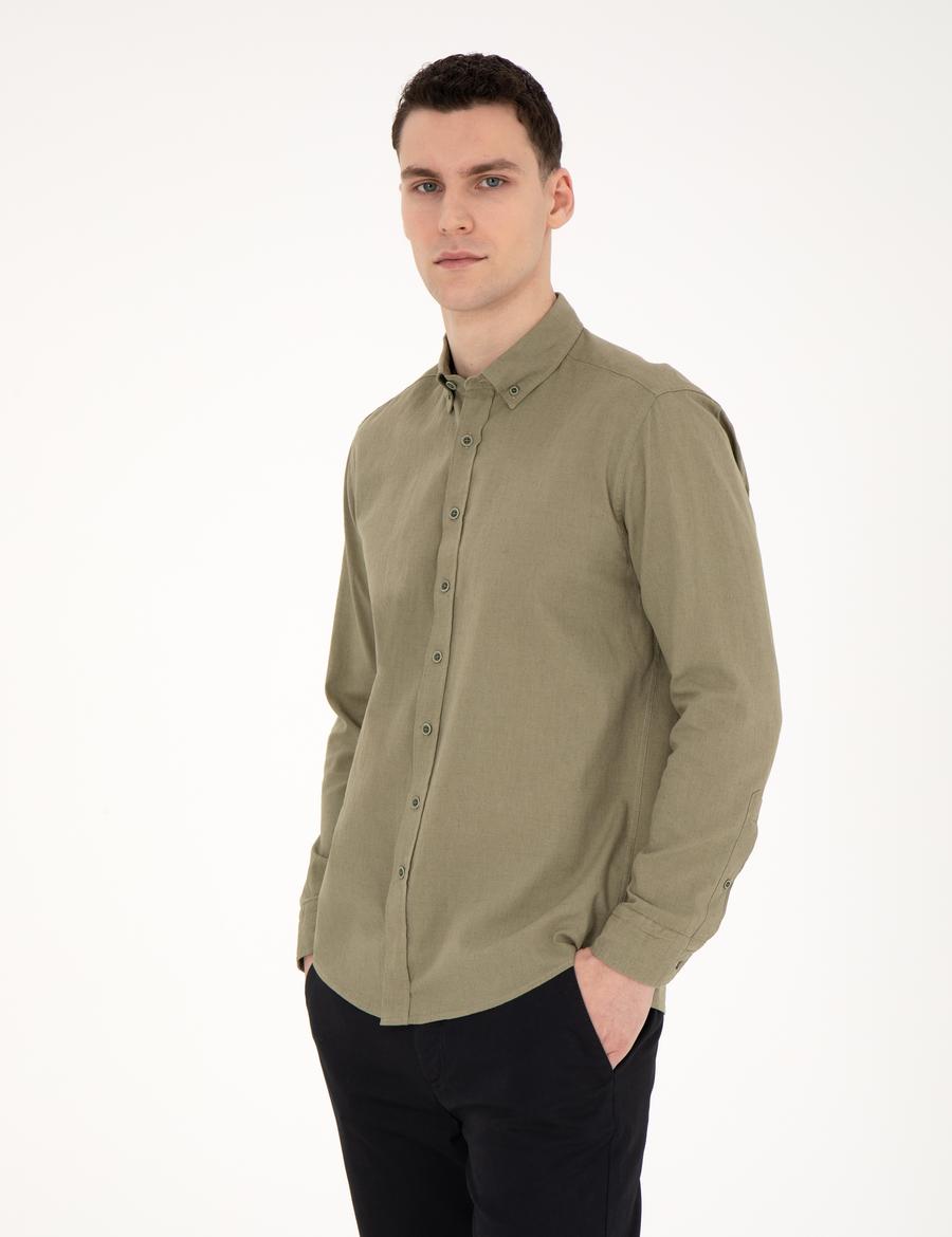 Haki Keten Karışımlı Regular Fit Uzun Kollu Gömlek