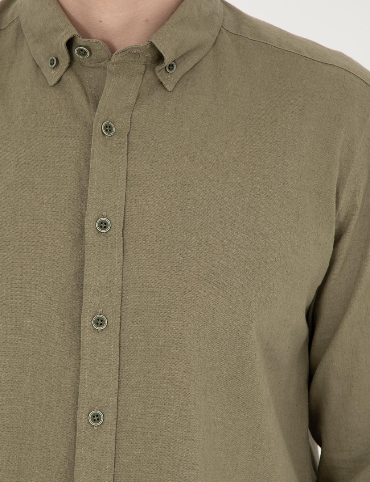 Haki Keten Karışımlı Regular Fit Uzun Kollu Gömlek - 50284168146