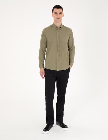 Haki Keten Karışımlı Regular Fit Uzun Kollu Gömlek - 50284168146