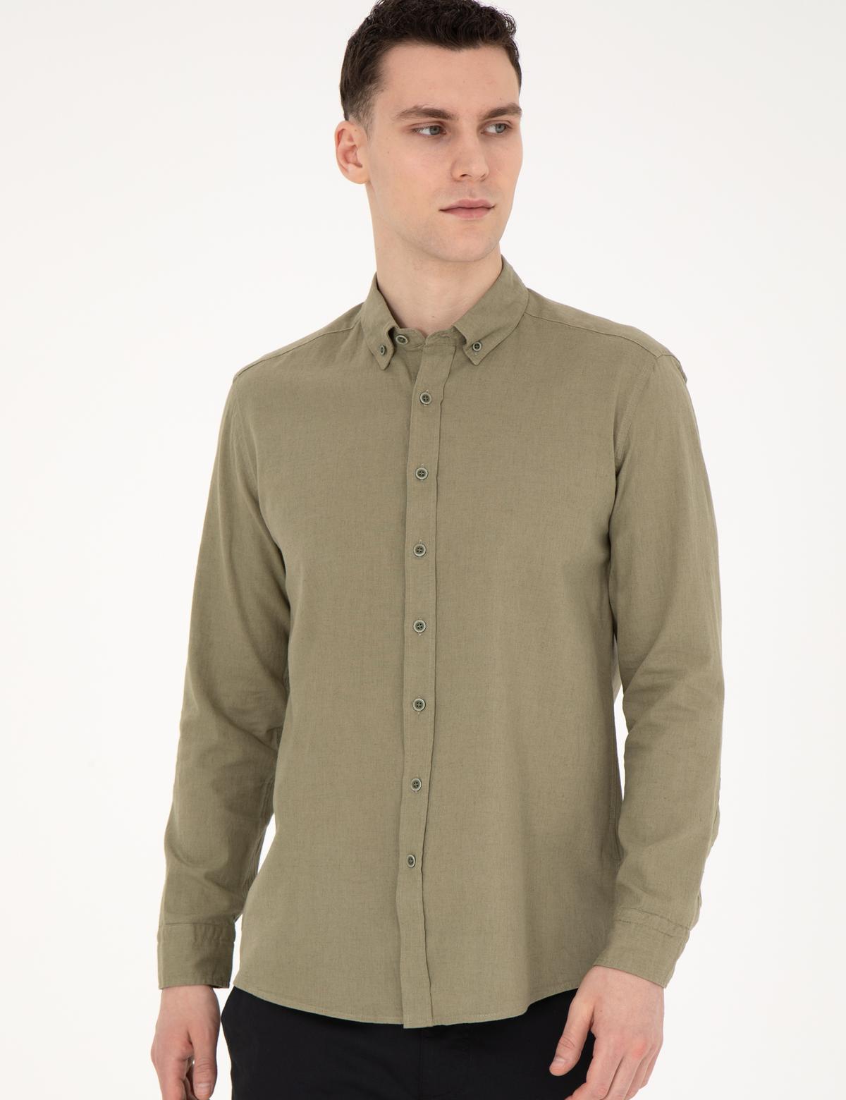Haki Keten Karışımlı Regular Fit Uzun Kollu Gömlek - 50284168146
