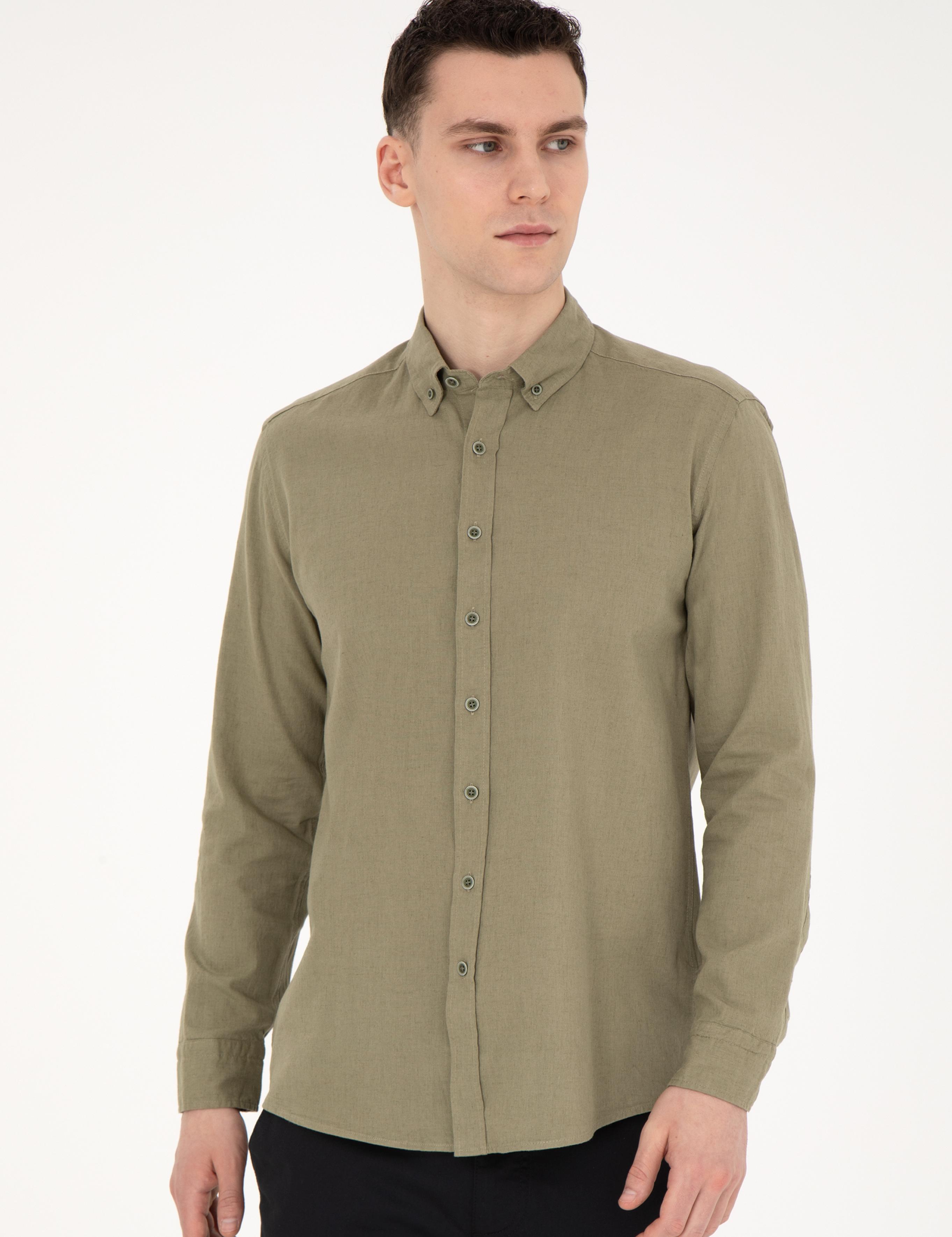 Haki Keten Karışımlı Regular Fit Uzun Kollu Gömlek