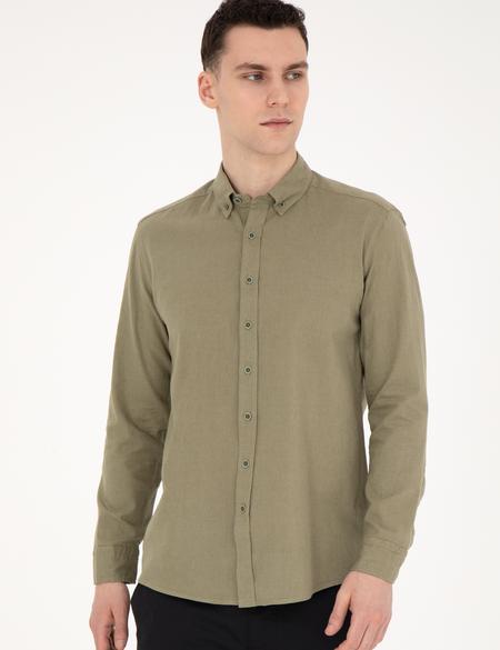 Haki Keten Karışımlı Regular Fit Uzun Kollu Gömlek - 50284168146
