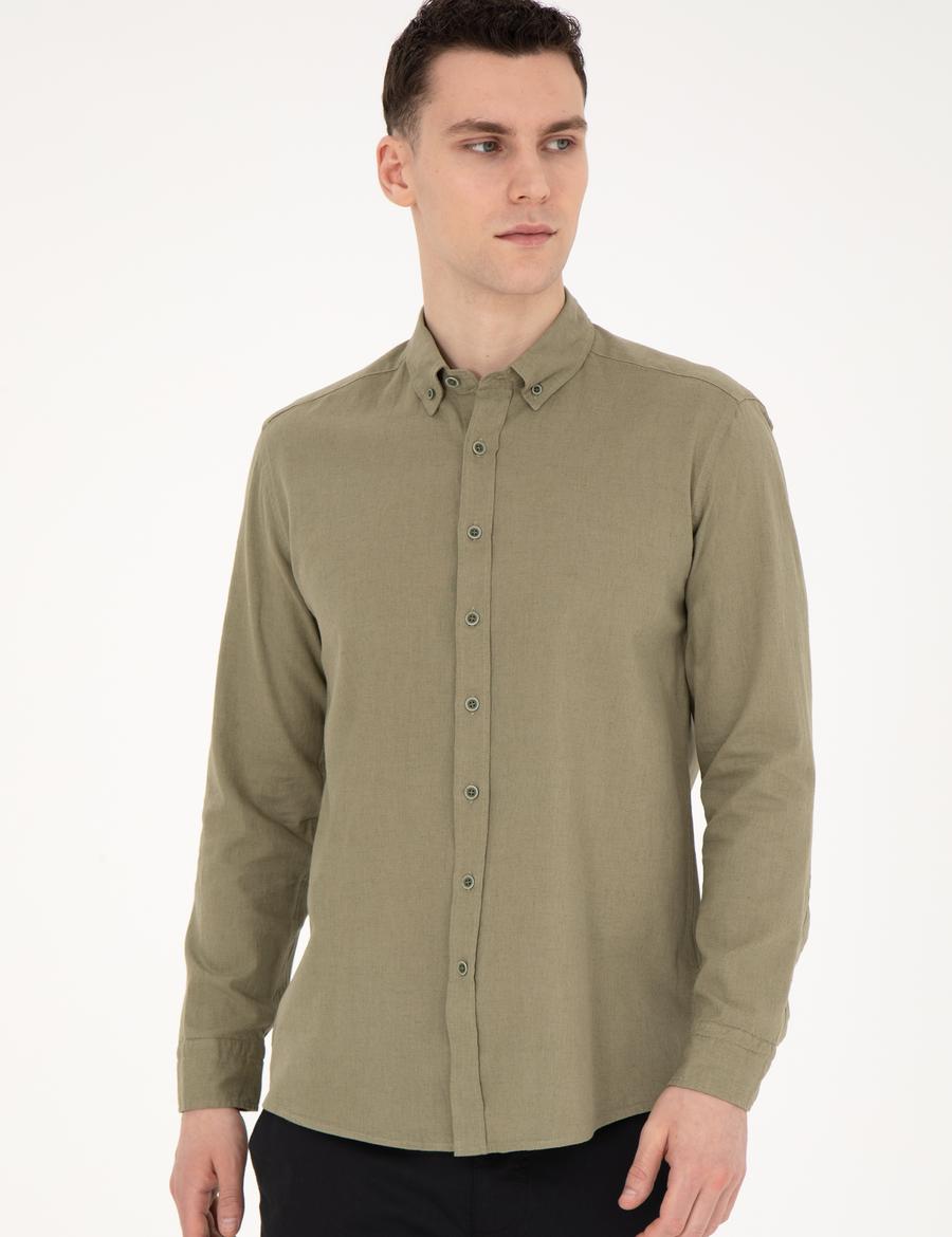 Haki Keten Karışımlı Regular Fit Uzun Kollu Gömlek