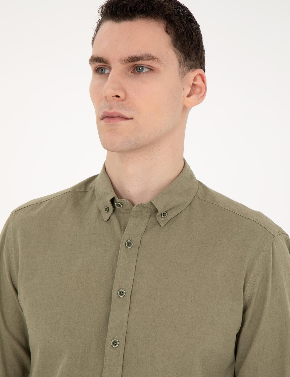 Haki Keten Karışımlı Regular Fit Uzun Kollu Gömlek - 50284168146