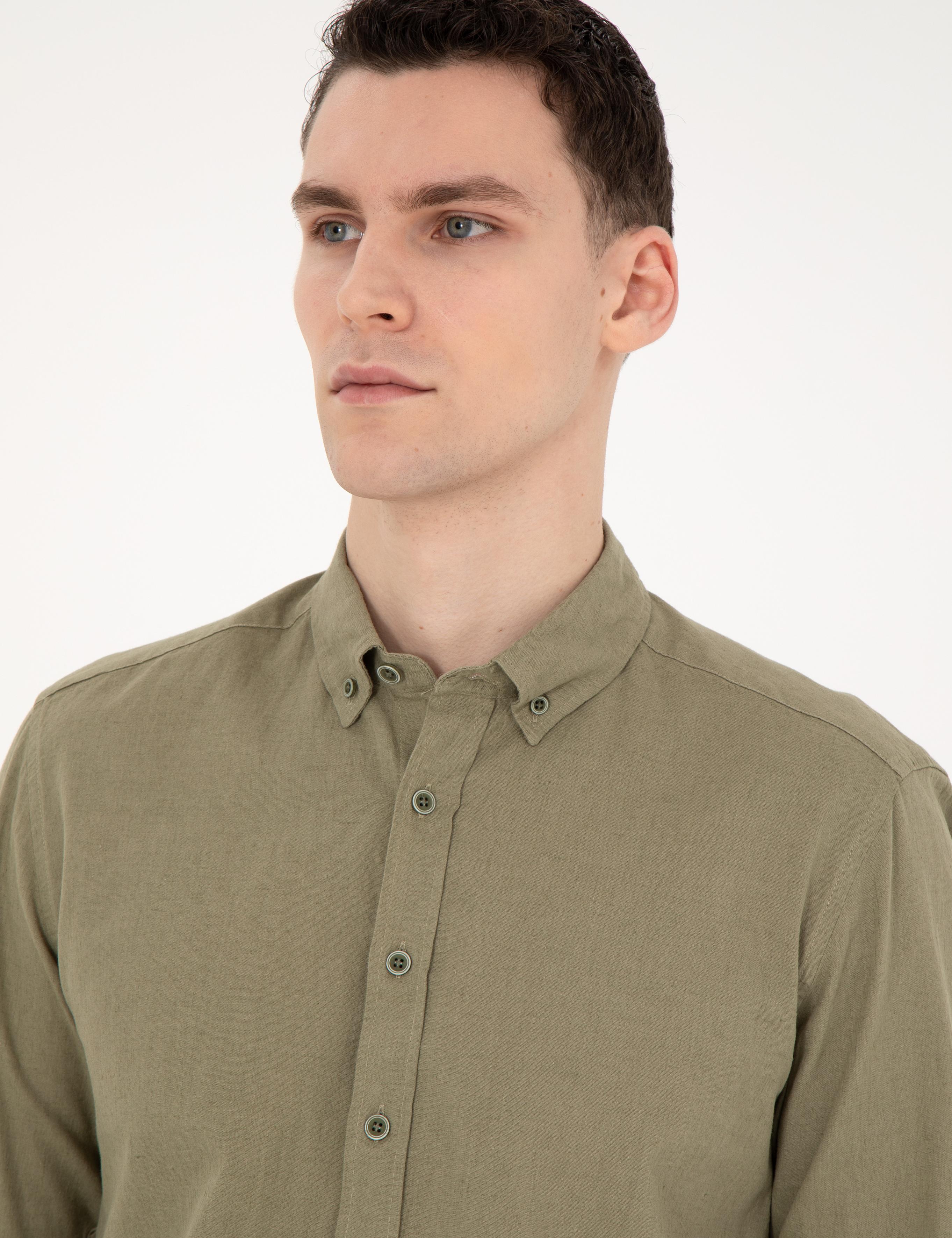 Haki Keten Karışımlı Regular Fit Uzun Kollu Gömlek