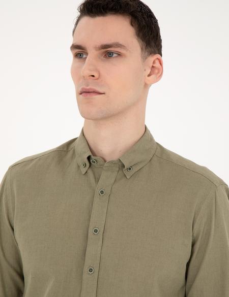 Haki Keten Karışımlı Regular Fit Uzun Kollu Gömlek - 50284168146