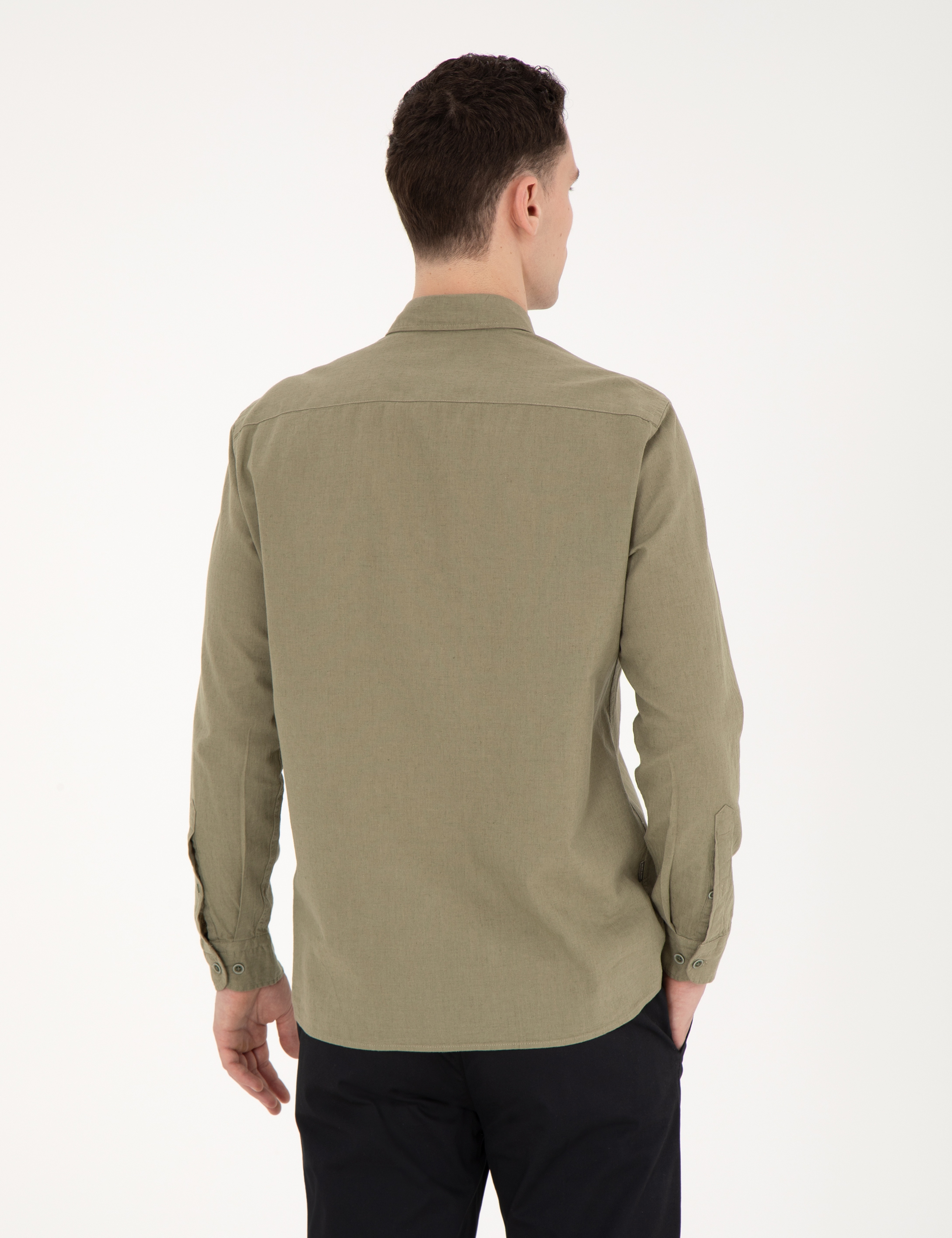 Haki Keten Karışımlı Regular Fit Uzun Kollu Gömlek - Image 5