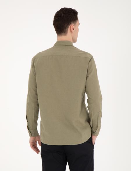 Haki Keten Karışımlı Regular Fit Uzun Kollu Gömlek - 50284168146