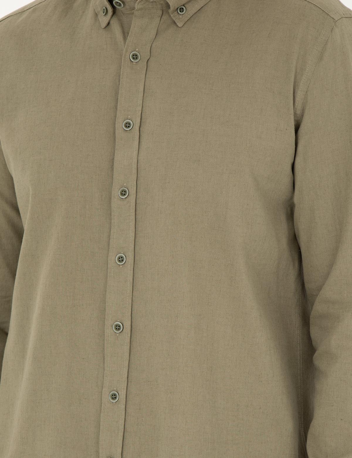 Haki Keten Karışımlı Regular Fit Uzun Kollu Gömlek - 50284168146