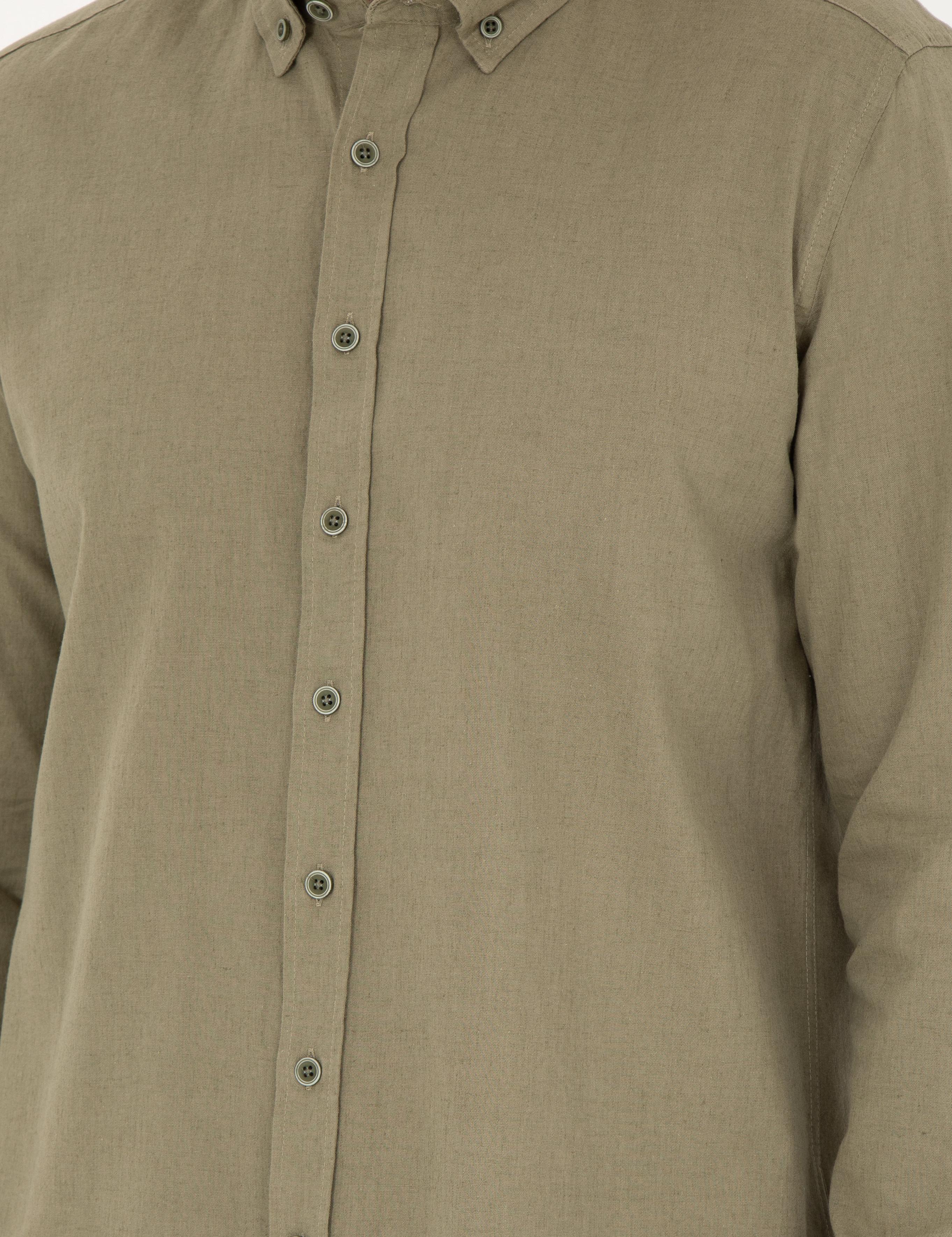Haki Keten Karışımlı Regular Fit Uzun Kollu Gömlek