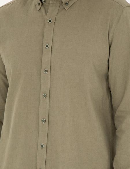 Haki Keten Karışımlı Regular Fit Uzun Kollu Gömlek - 50284168146
