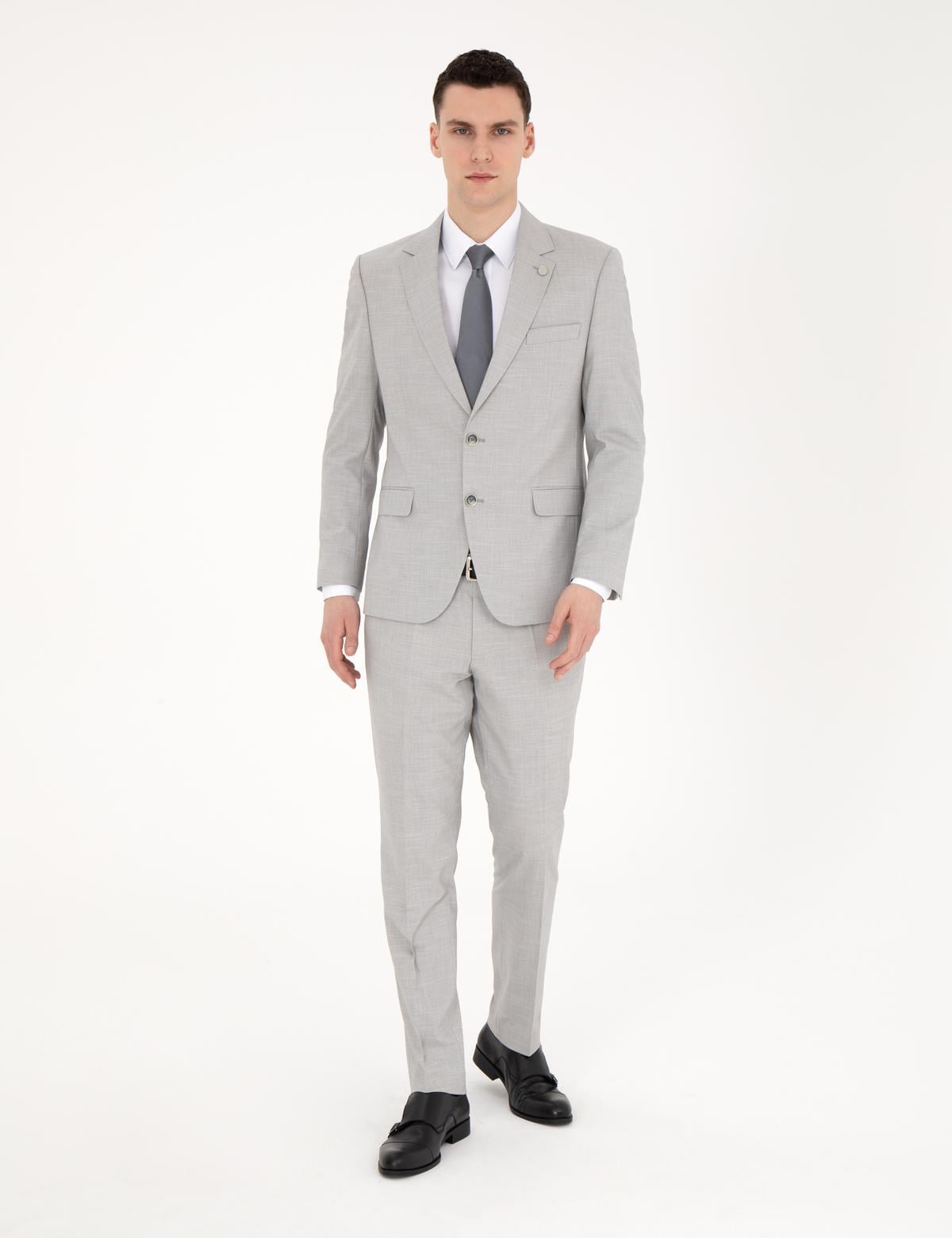 Gri Slim Fit Yün Karışımlı Takım Elbise