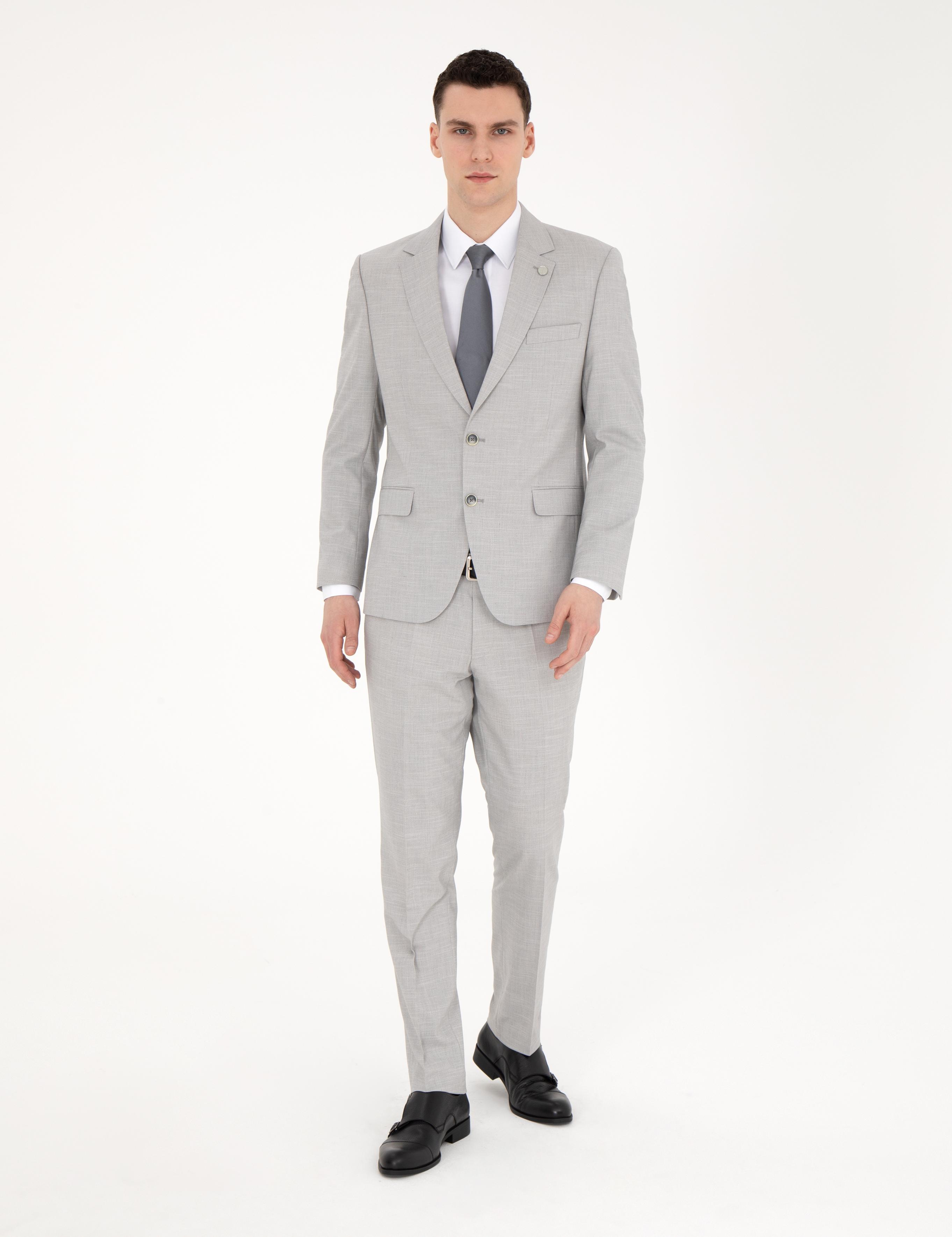 Gri Slim Fit Yün Karışımlı Takım Elbise