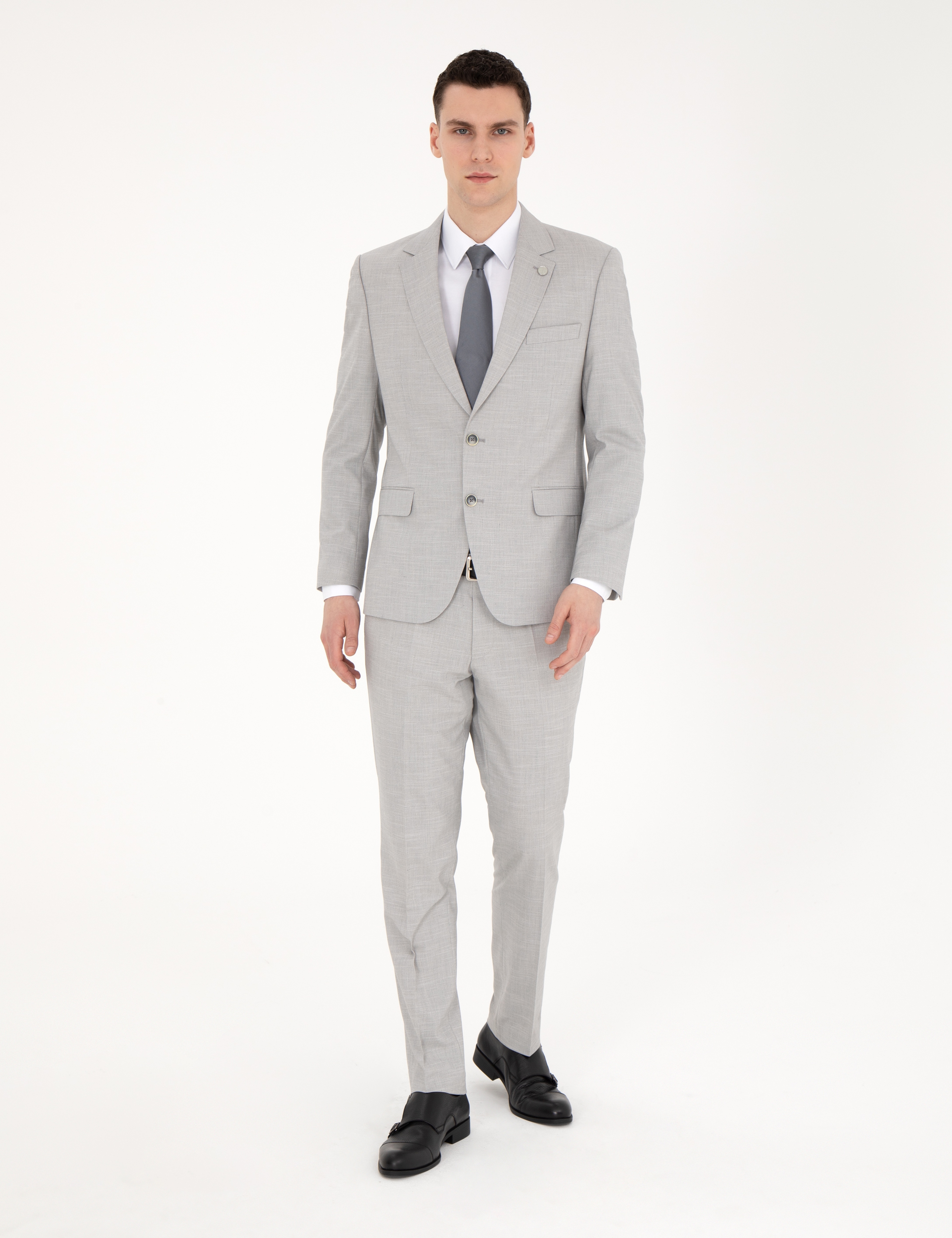Gri Slim Fit Yün Karışımlı Takım Elbise - Image 1