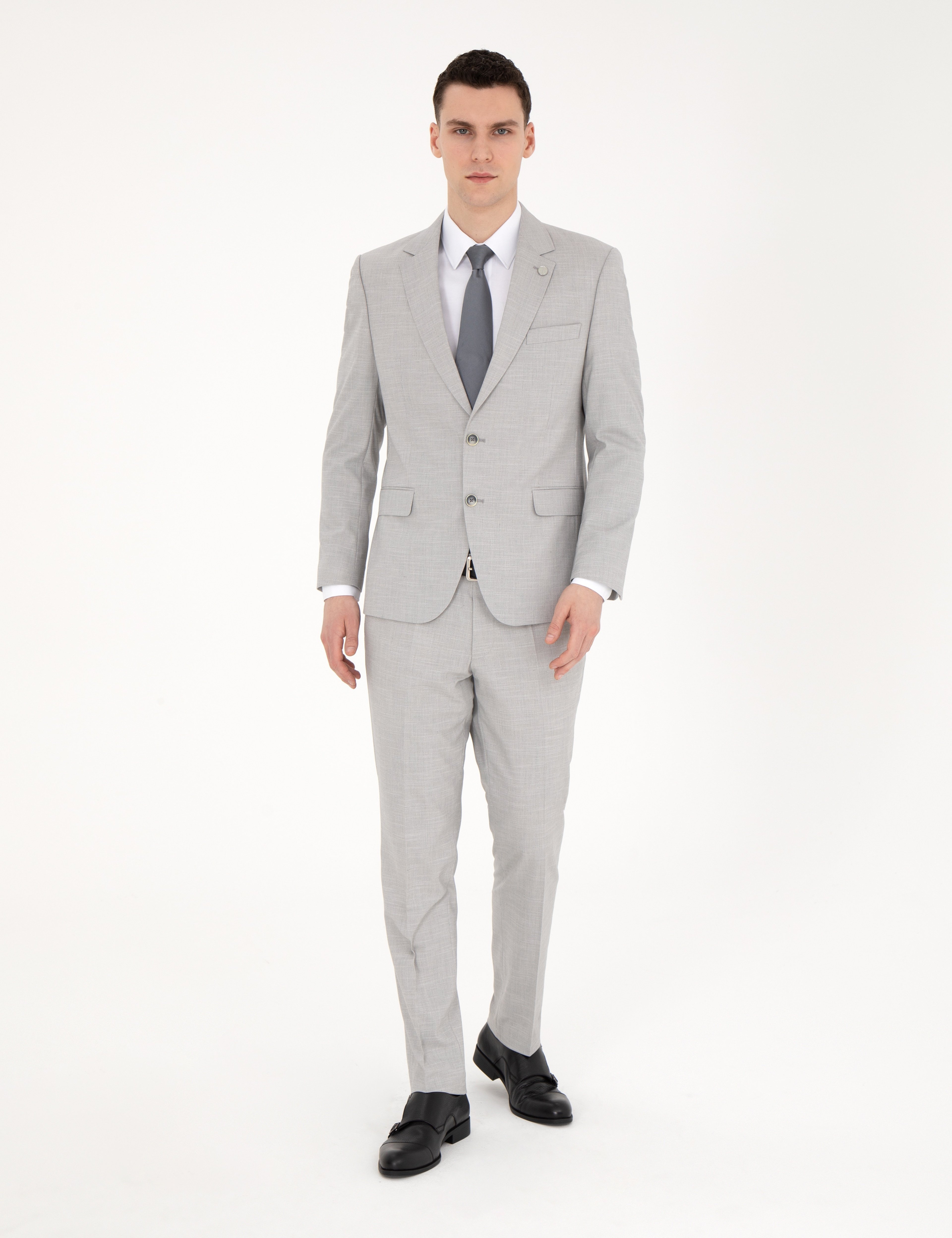 Gri Slim Fit Yün Karışımlı Takım Elbise