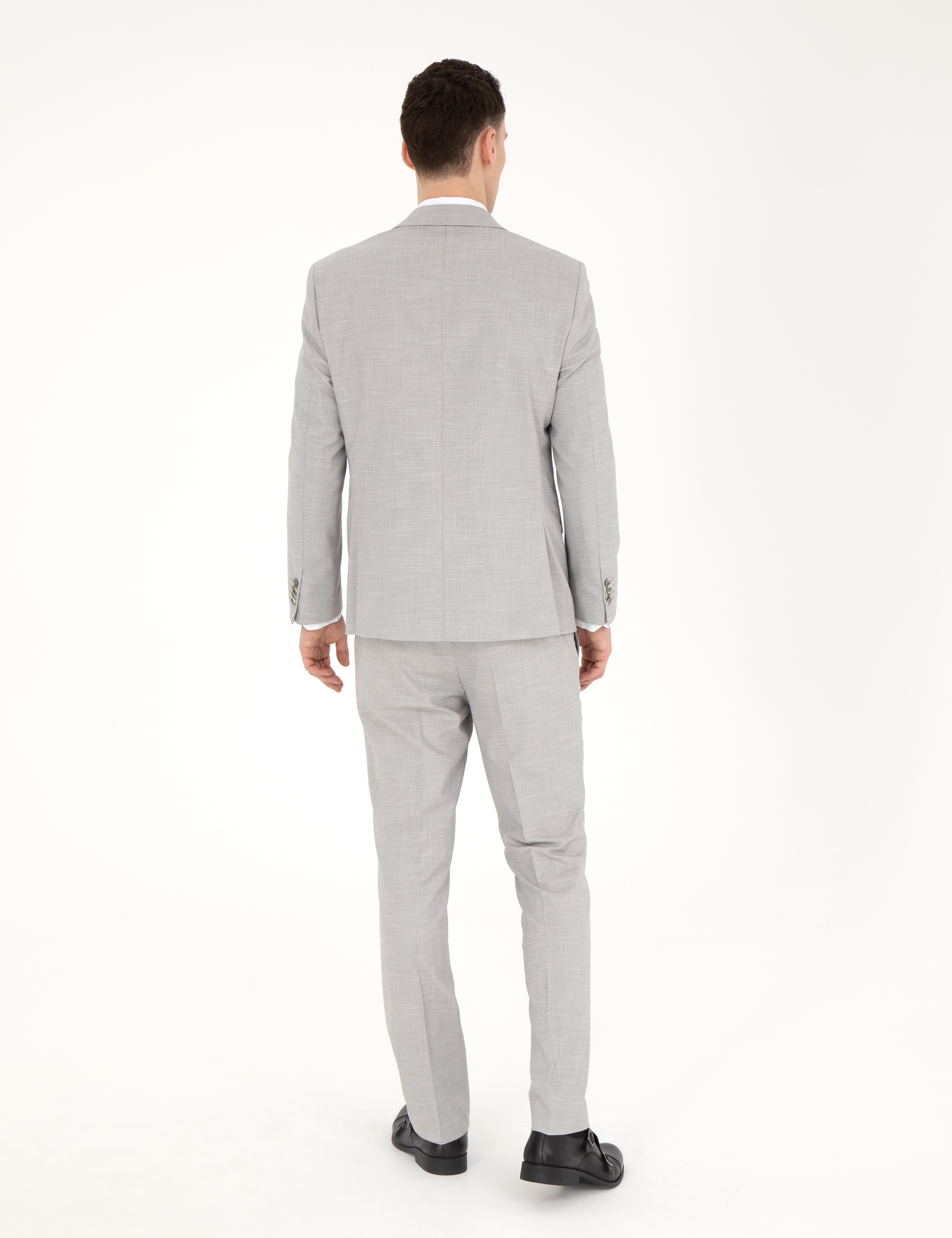 Gri Slim Fit Yün Karışımlı Takım Elbise
