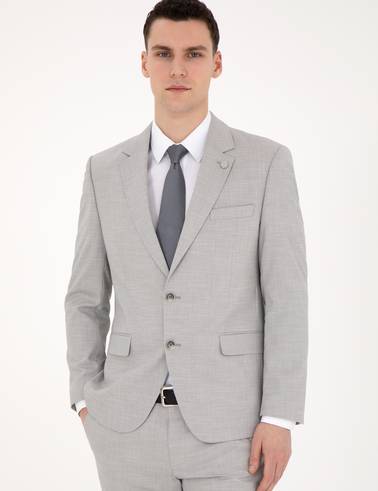 Gri Slim Fit Yün Karışımlı Takım Elbise