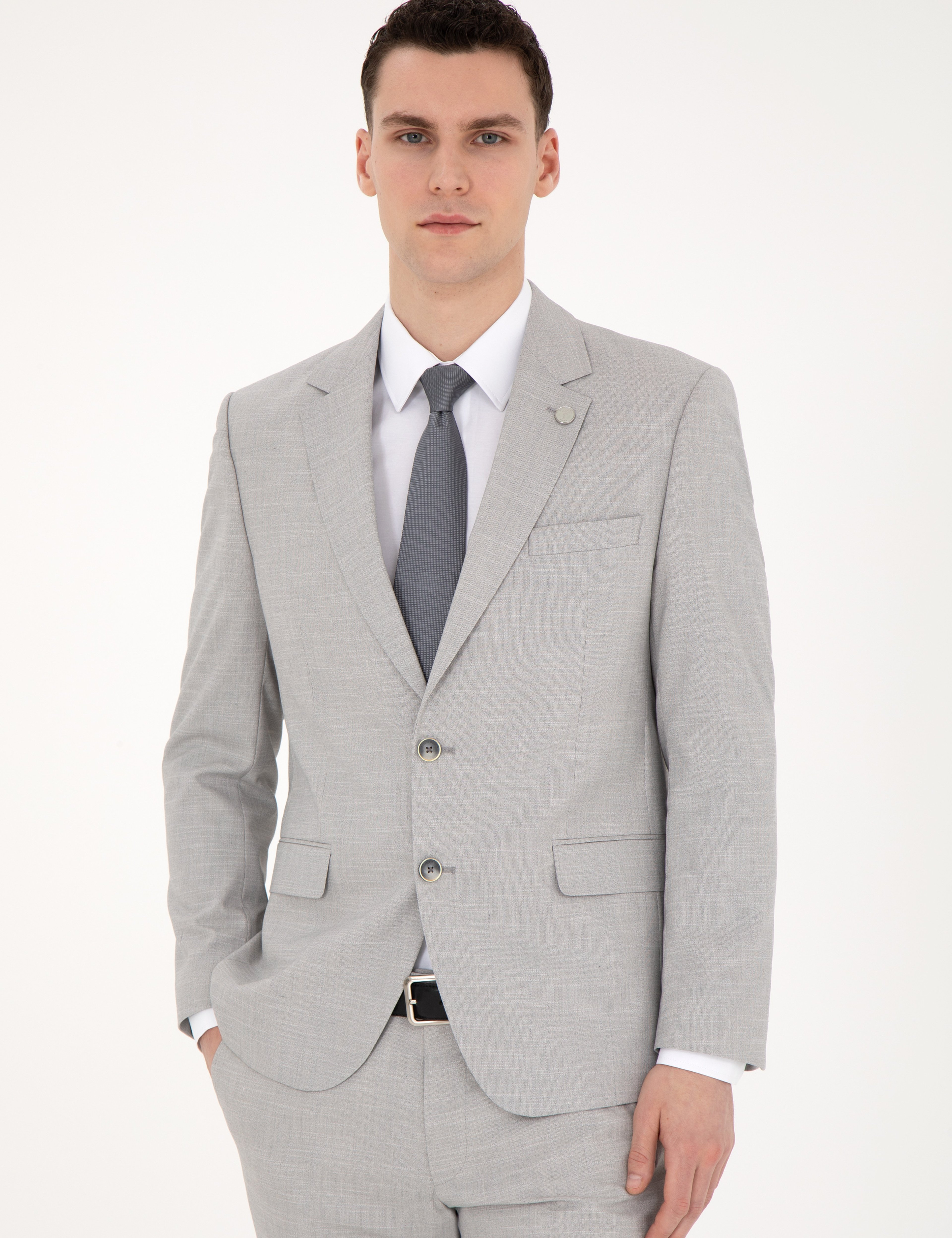 Gri Slim Fit Yün Karışımlı Takım Elbise