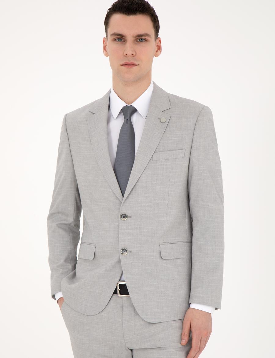 Gri Slim Fit Yün Karışımlı Takım Elbise