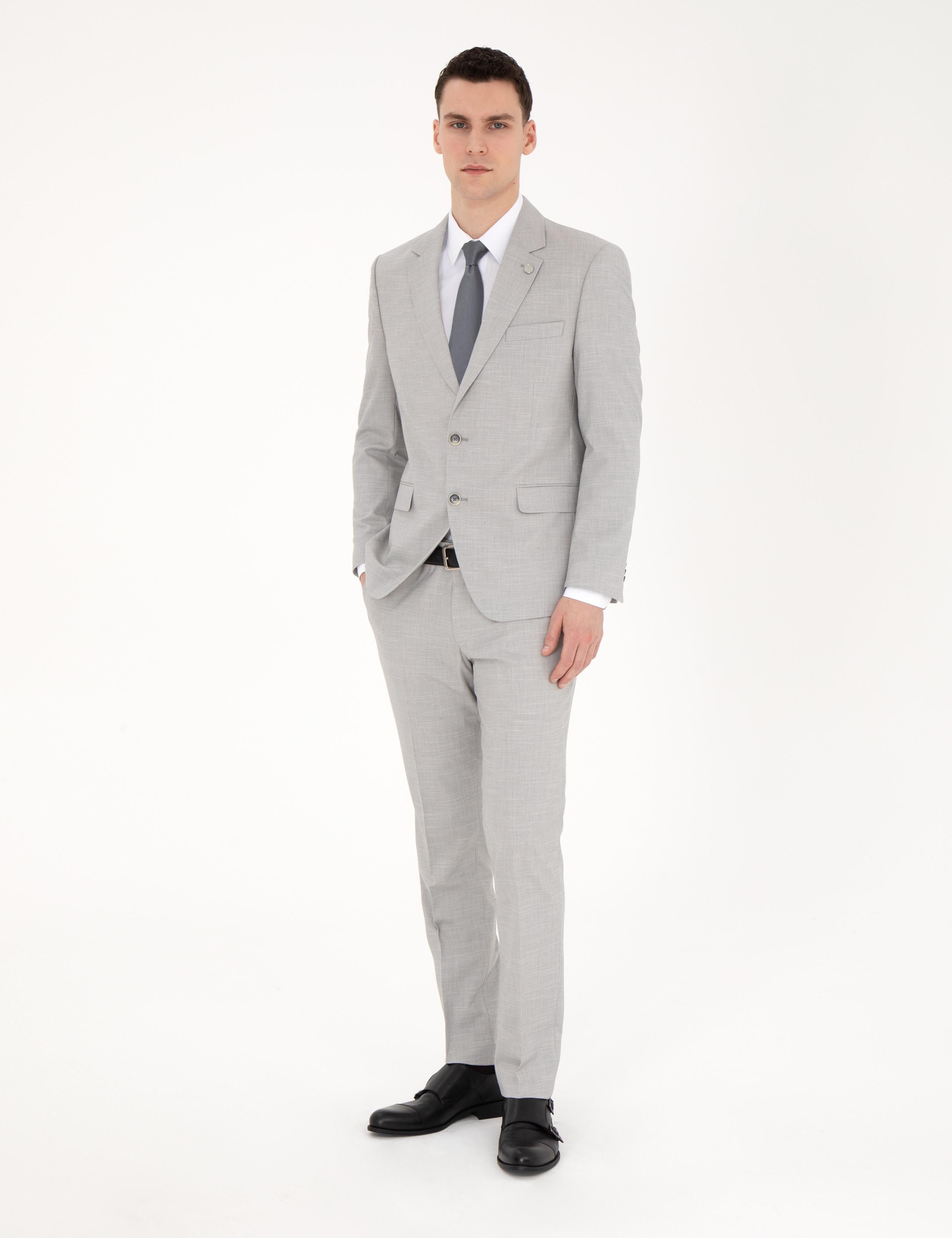 Gri Slim Fit Yün Karışımlı Takım Elbise