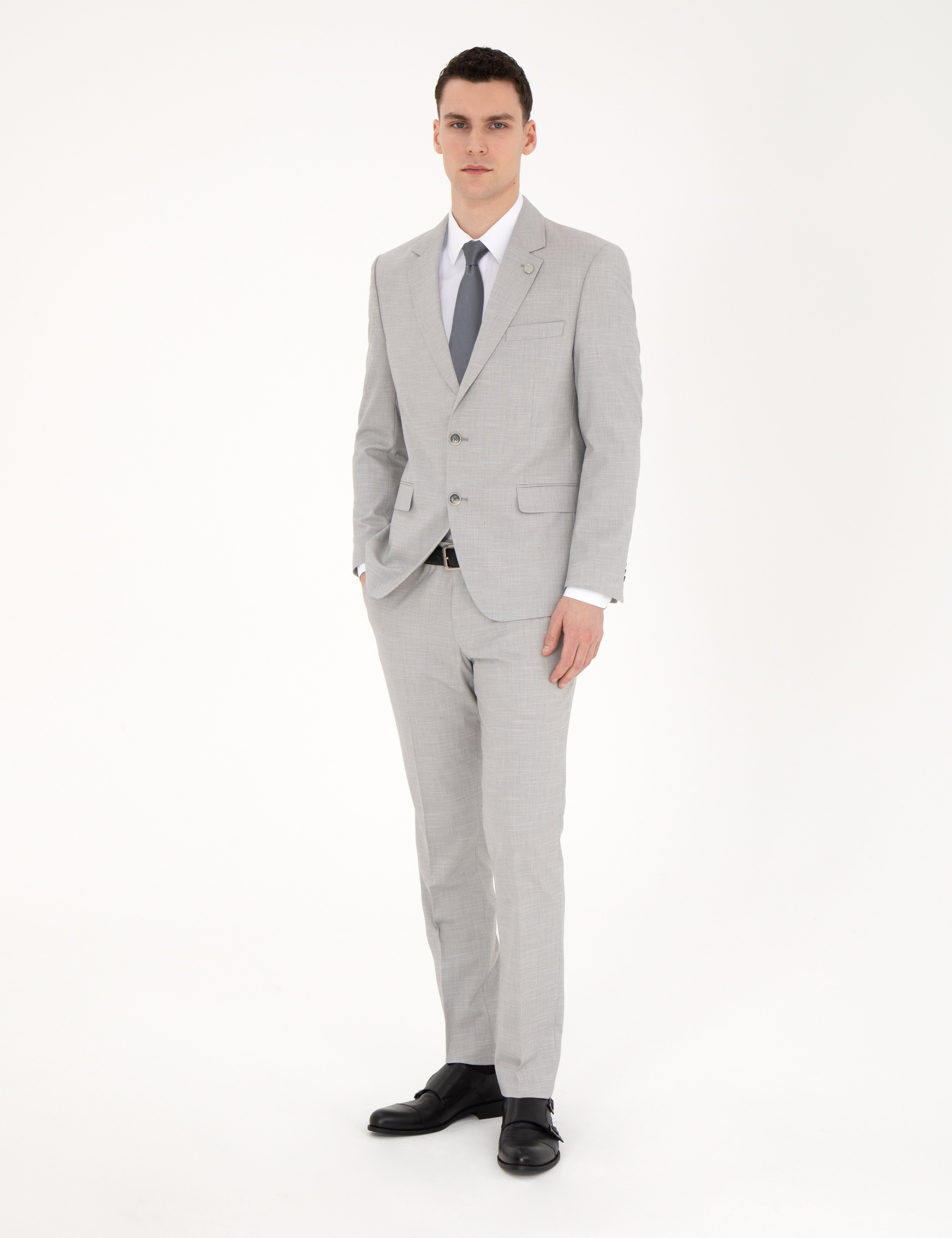 Gri Slim Fit Yün Karışımlı Takım Elbise