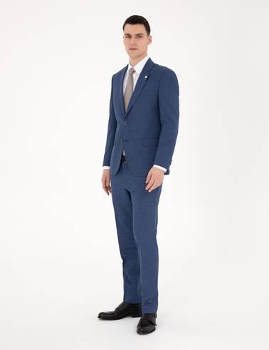 Koyu Mavi Slim Fit Yün Karışımlı Takım Elbise
