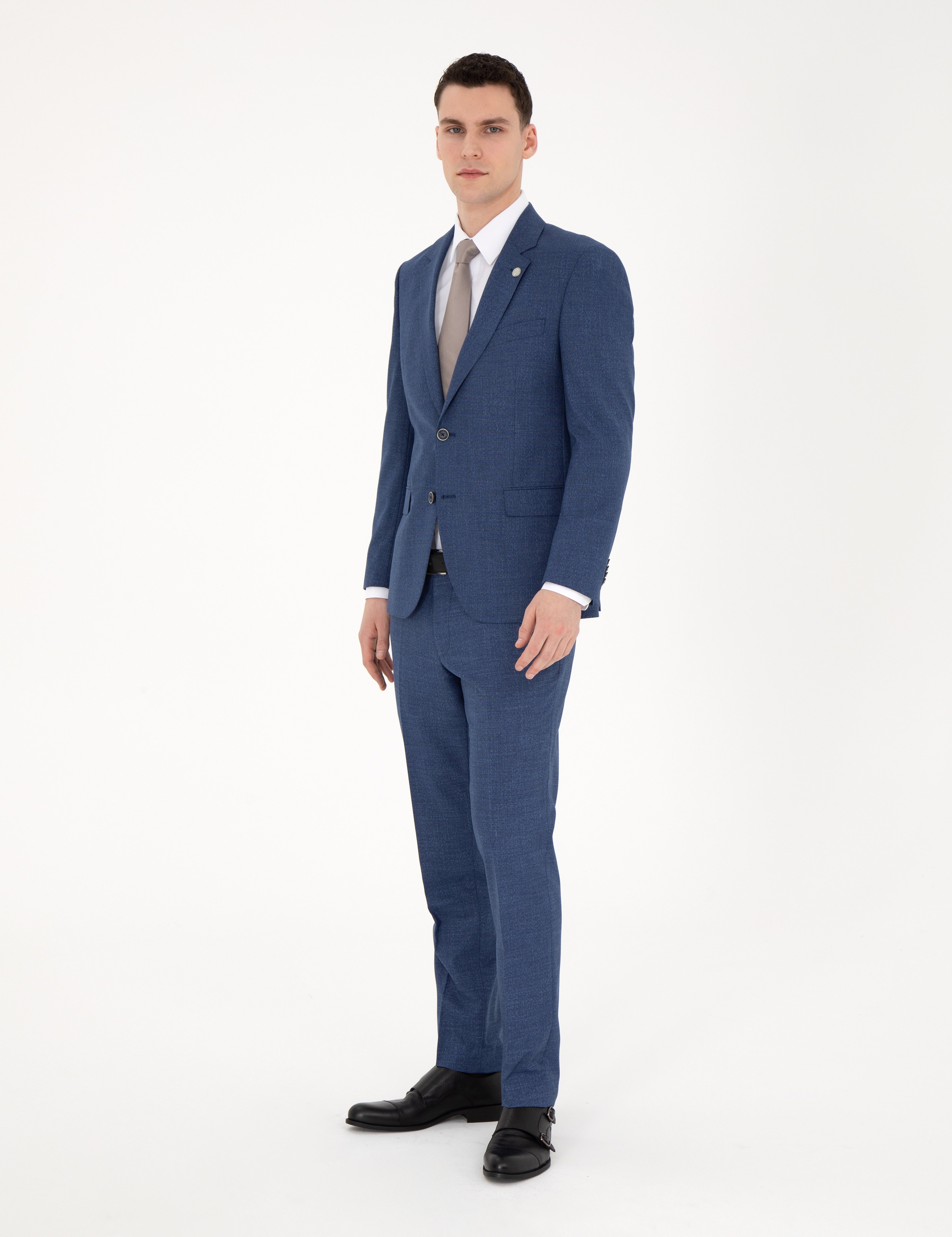 Koyu Mavi Slim Fit Yün Karışımlı Takım Elbise - Image 1