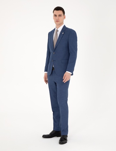 Koyu Mavi Slim Fit Yün Karışımlı Takım Elbise