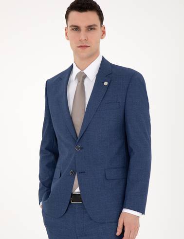 Koyu Mavi Slim Fit Yün Karışımlı Takım Elbise