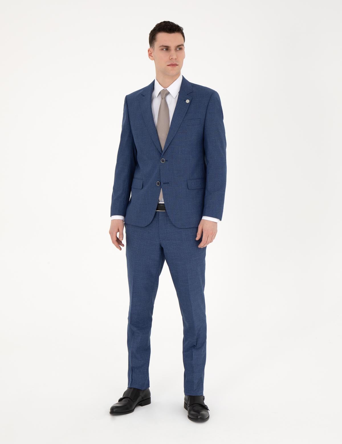 Koyu Mavi Slim Fit Yün Karışımlı Takım Elbise - 50285902047