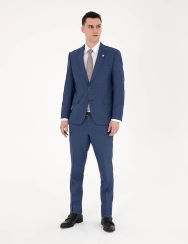 Koyu Mavi Slim Fit Yün Karışımlı Takım Elbise