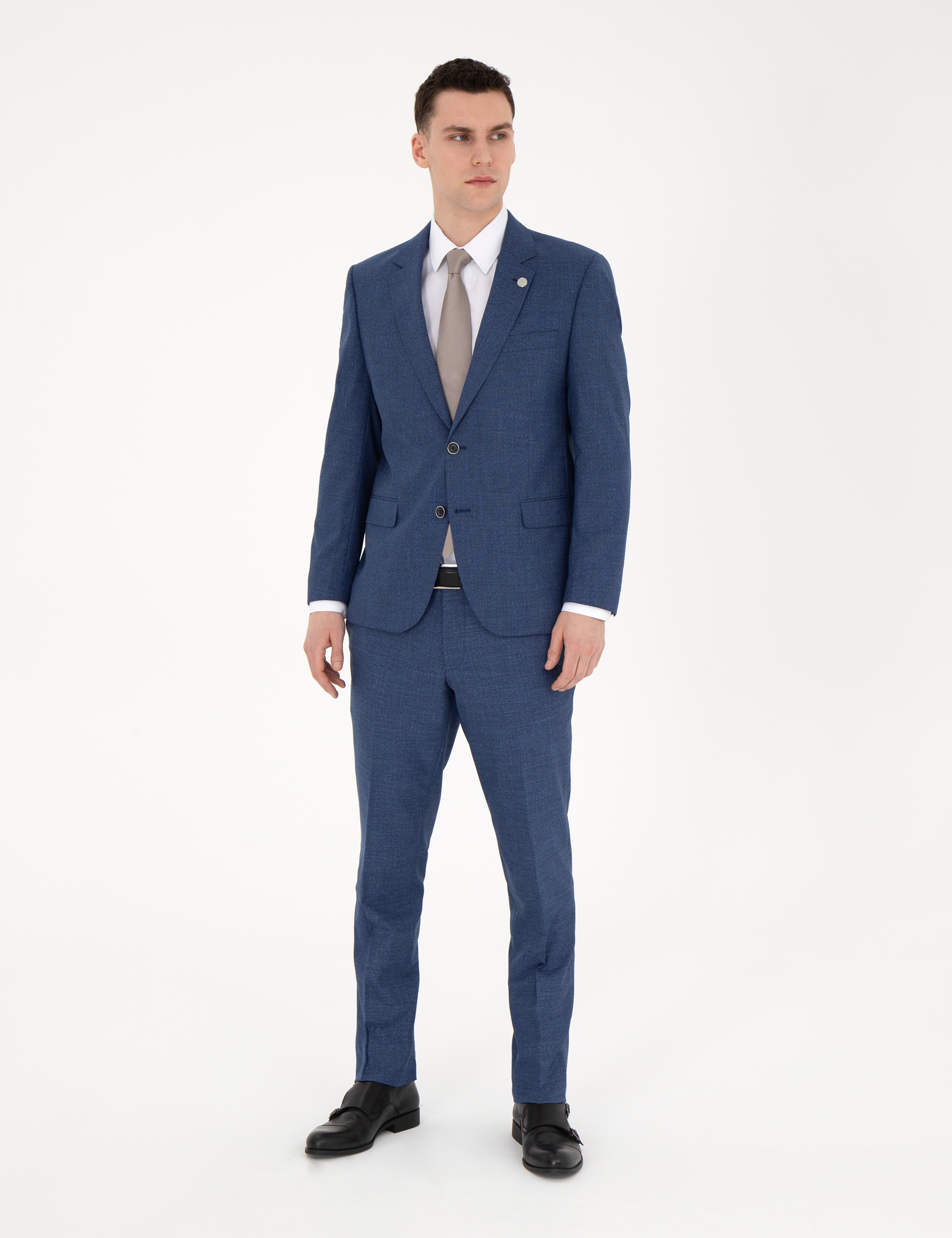 Koyu Mavi Slim Fit Yün Karışımlı Takım Elbise - Image 3