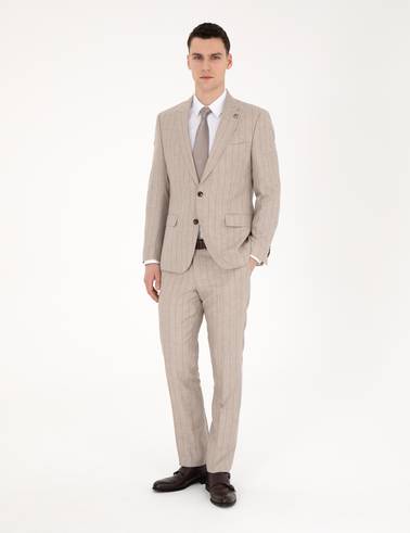Bej Slim Fit Yün Keten Karışımlı Çizgili Takım Elbise