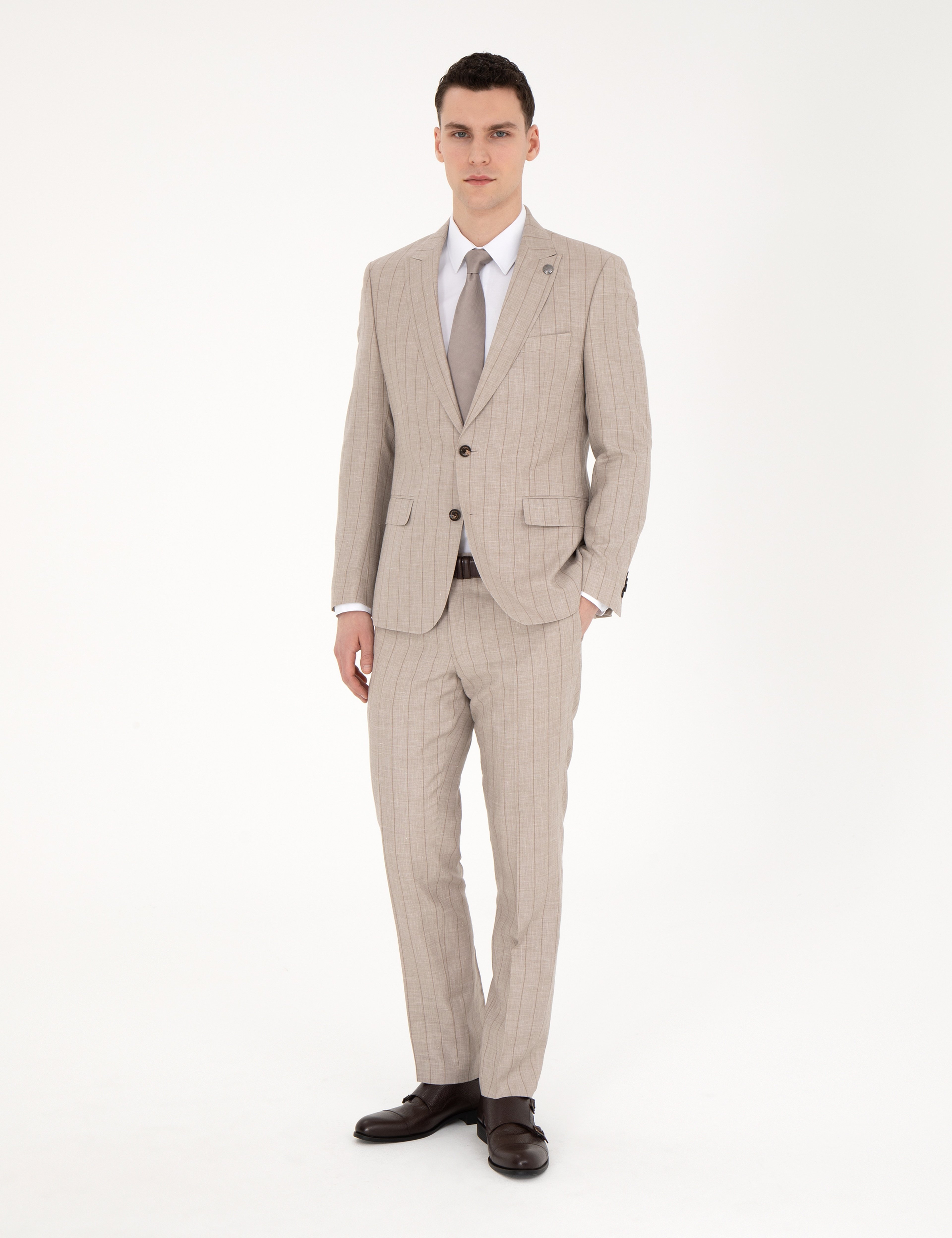 Bej Slim Fit Yün Keten Karışımlı Çizgili Takım Elbise