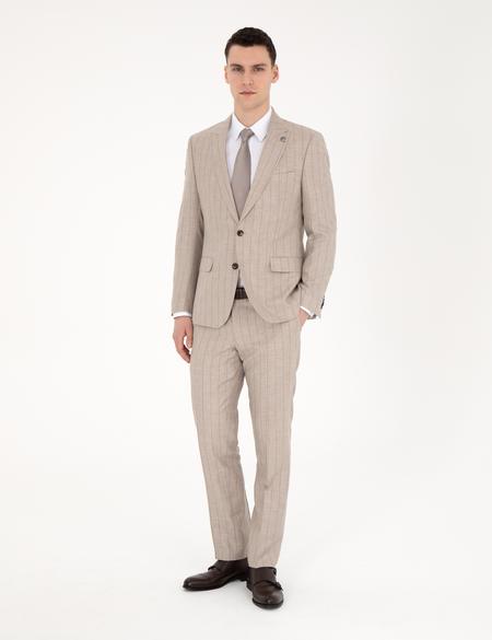 Bej Slim Fit Yün Keten Karışımlı Çizgili Takım Elbise - 50285350020
