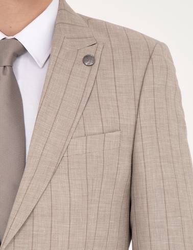 Bej Slim Fit Yün Keten Karışımlı Çizgili Takım Elbise