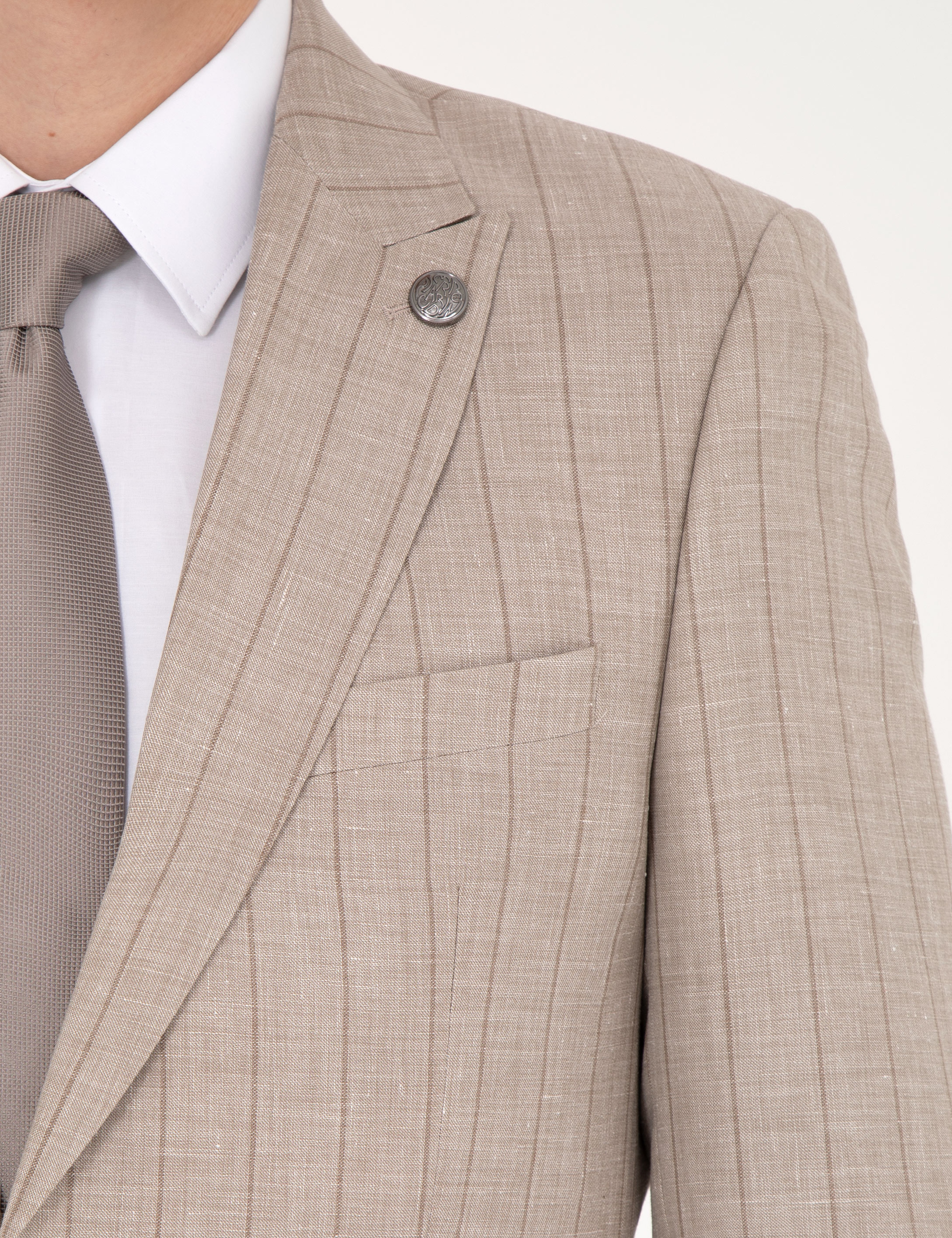 Bej Slim Fit Yün Keten Karışımlı Çizgili Takım Elbise