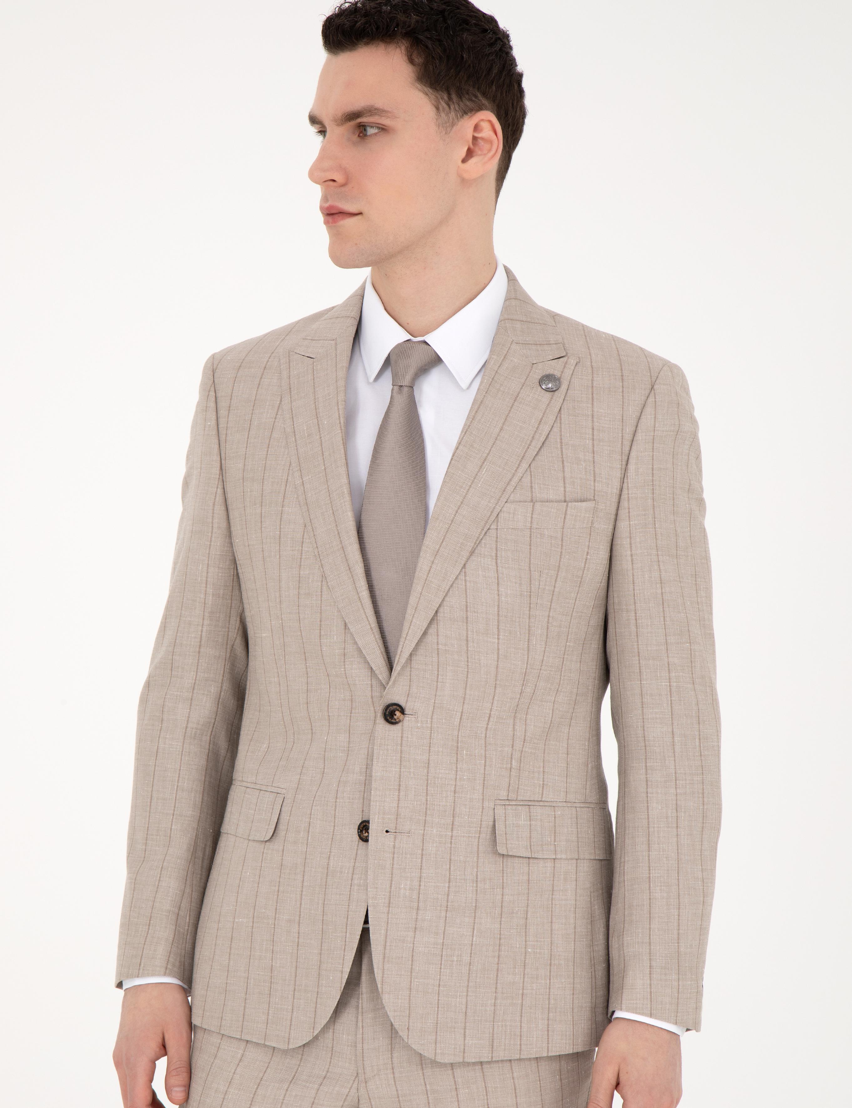 Bej Slim Fit Yün Keten Karışımlı Çizgili Takım Elbise