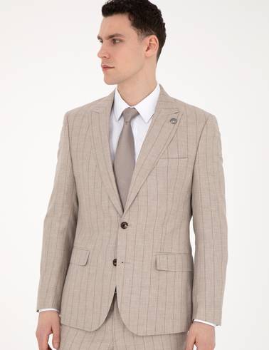 Bej Slim Fit Yün Keten Karışımlı Çizgili Takım Elbise
