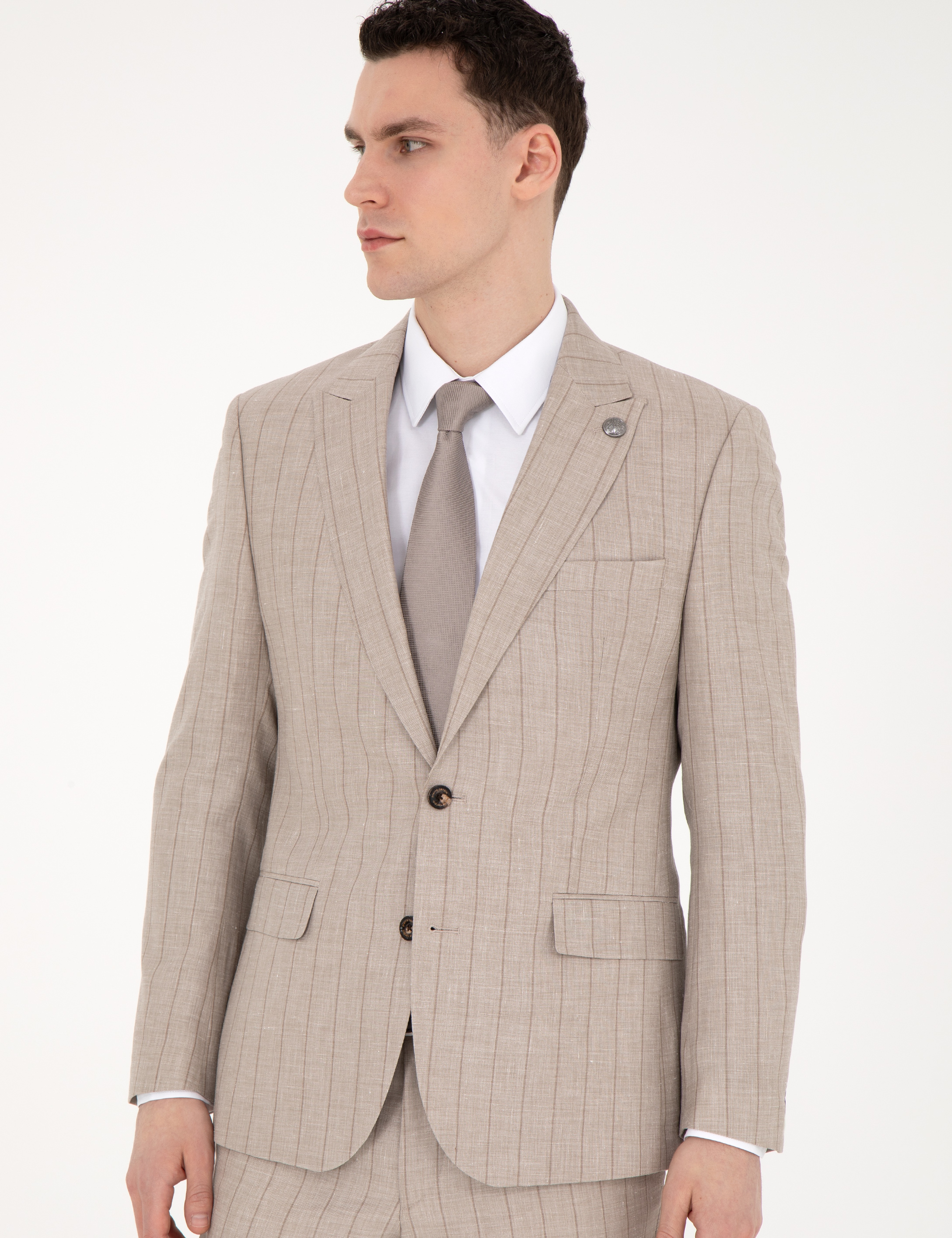 Bej Slim Fit Yün Keten Karışımlı Çizgili Takım Elbise - Image 2