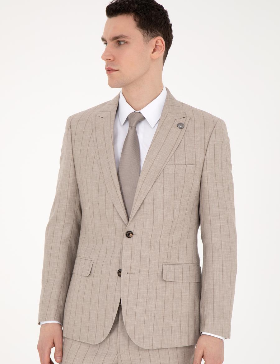 Bej Slim Fit Yün Keten Karışımlı Çizgili Takım Elbise