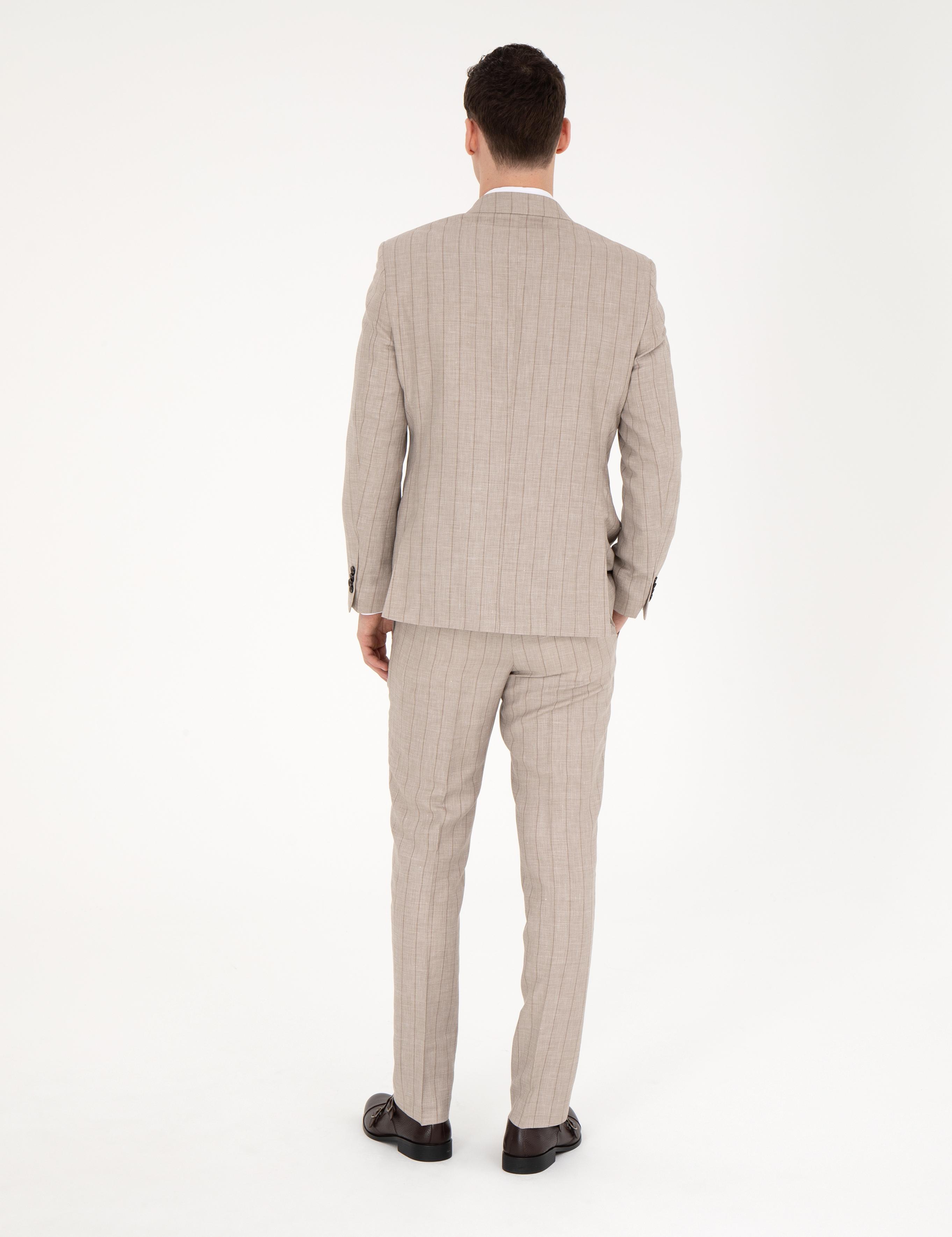 Bej Slim Fit Yün Keten Karışımlı Çizgili Takım Elbise