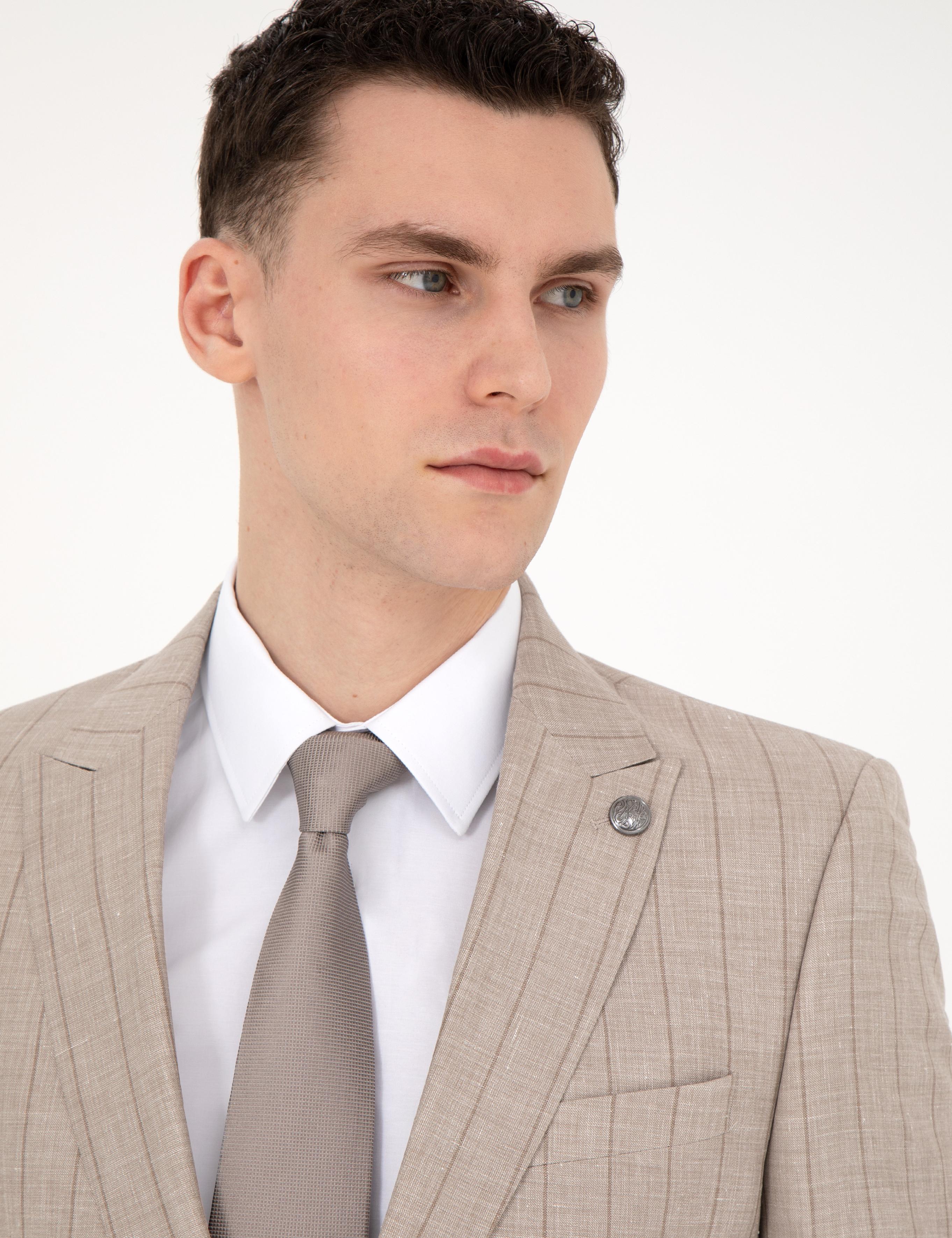 Bej Slim Fit Yün Keten Karışımlı Çizgili Takım Elbise