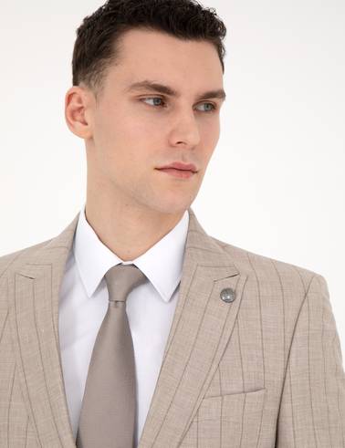 Bej Slim Fit Yün Keten Karışımlı Çizgili Takım Elbise