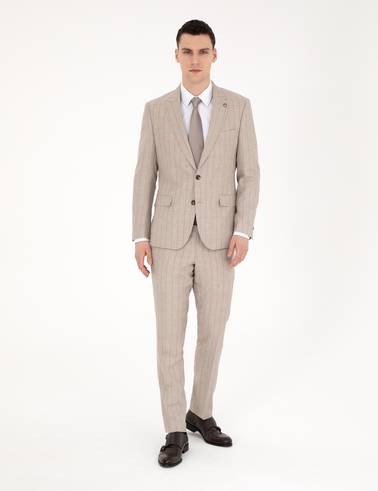Bej Slim Fit Yün Keten Karışımlı Çizgili Takım Elbise